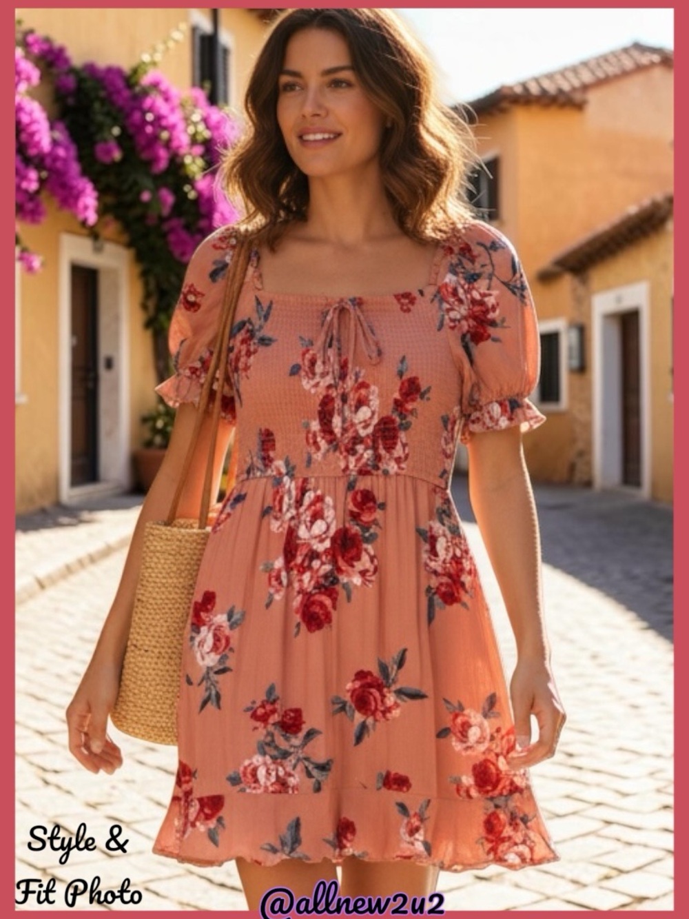 B.O.G. Collective Floral Smocked Mini Dress Puff Sleeve Cottagecore Pink Floral